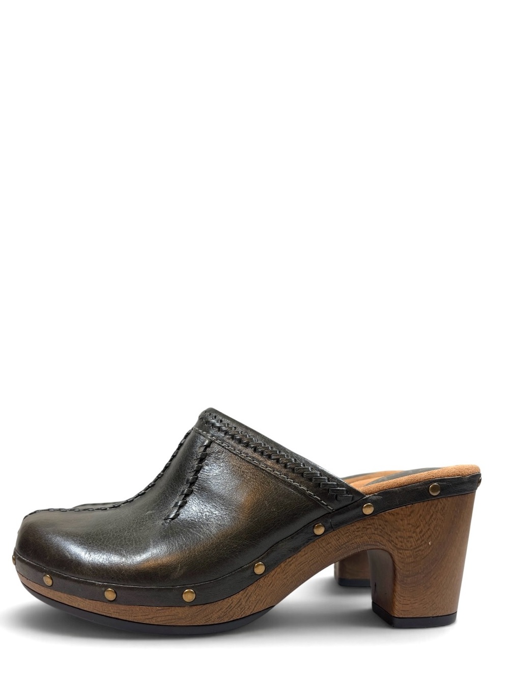 Clark’s Artisan Dark Olive Green Leather Block Heel Clogs 9